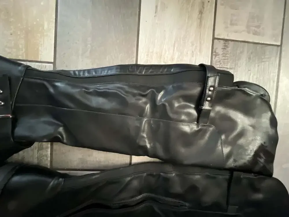 Black Over-the-Knee Riding Boots with Buckle Straps and Side Zippers